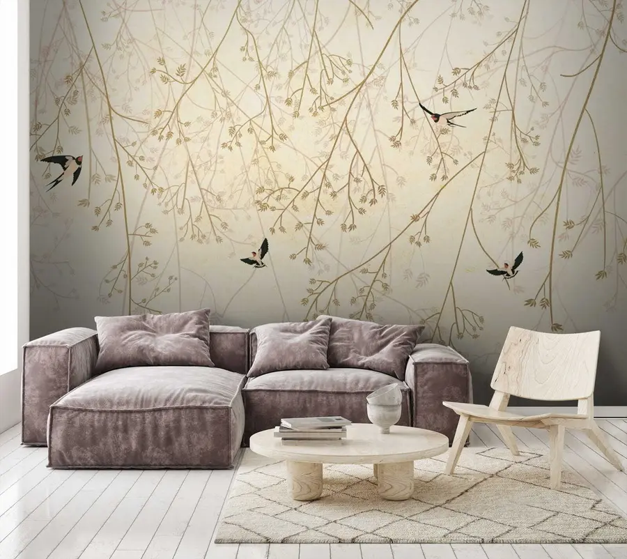 wall murals Swallows among the branches in delicate shades in oriental style u79623