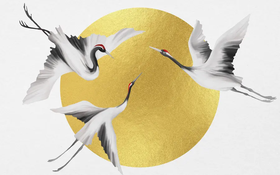 wall murals Cranes in flight before the solar circle u79625