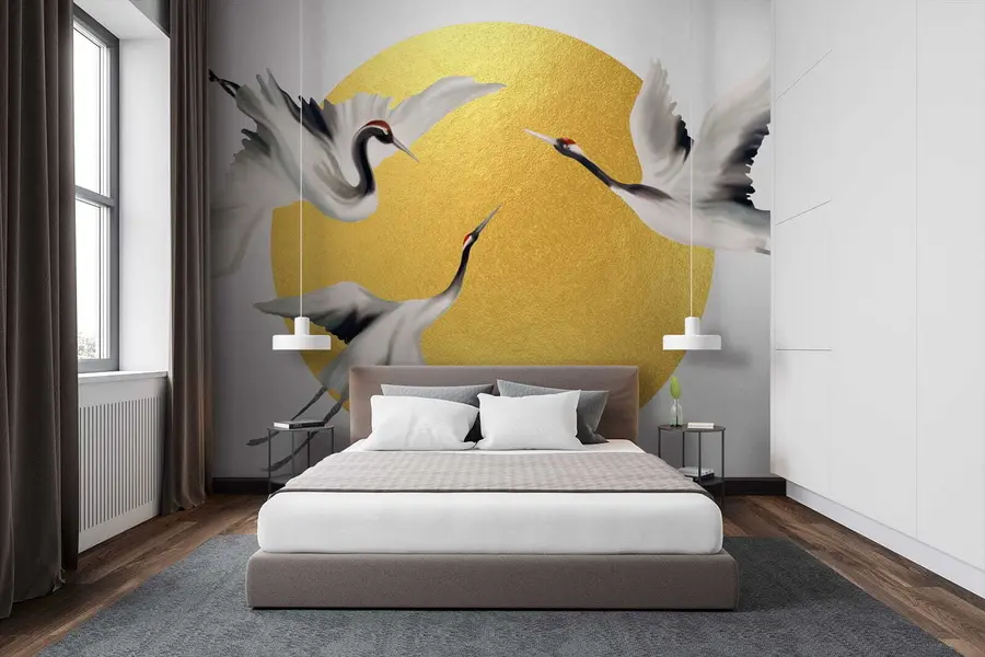 wall murals Cranes in flight before the solar circle u79625