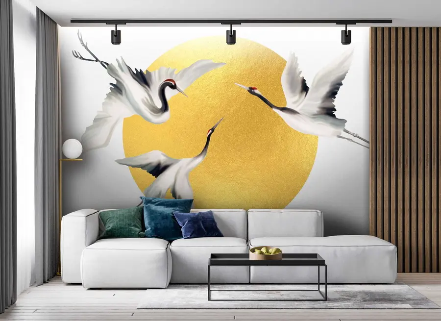 wall murals Cranes in flight before the solar circle u79625