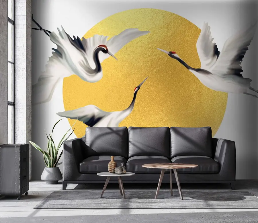 wall murals Cranes in flight before the solar circle u79625