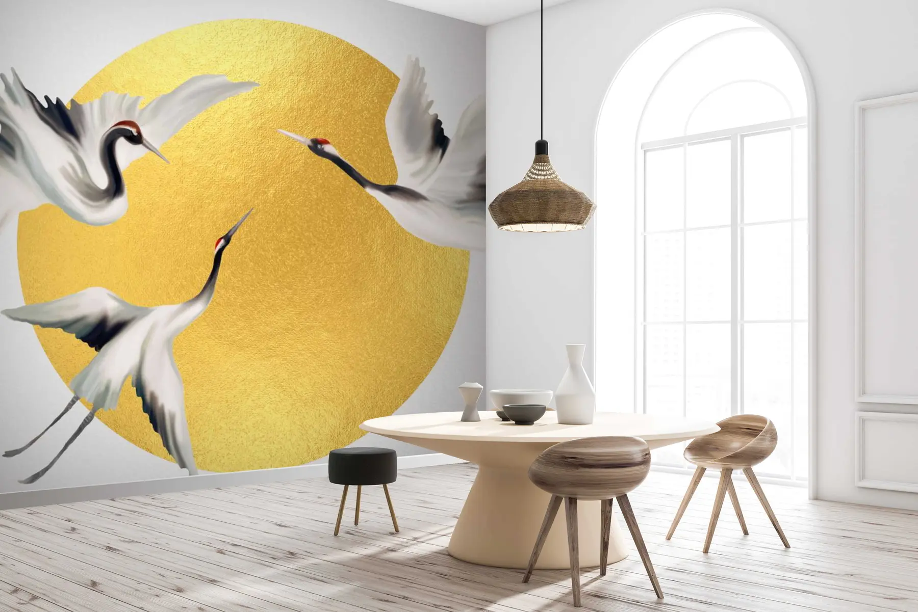 wall murals Cranes in flight before the solar circle u79625
