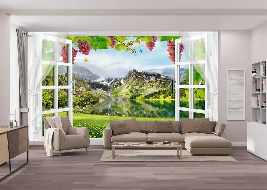 wall murals View from the window to the mountain lake u59842