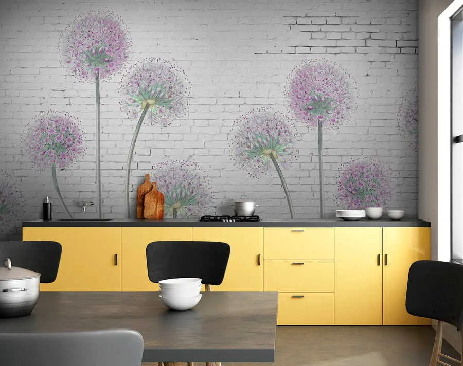 wall murals Dandelions against the background of a brick wall u05372