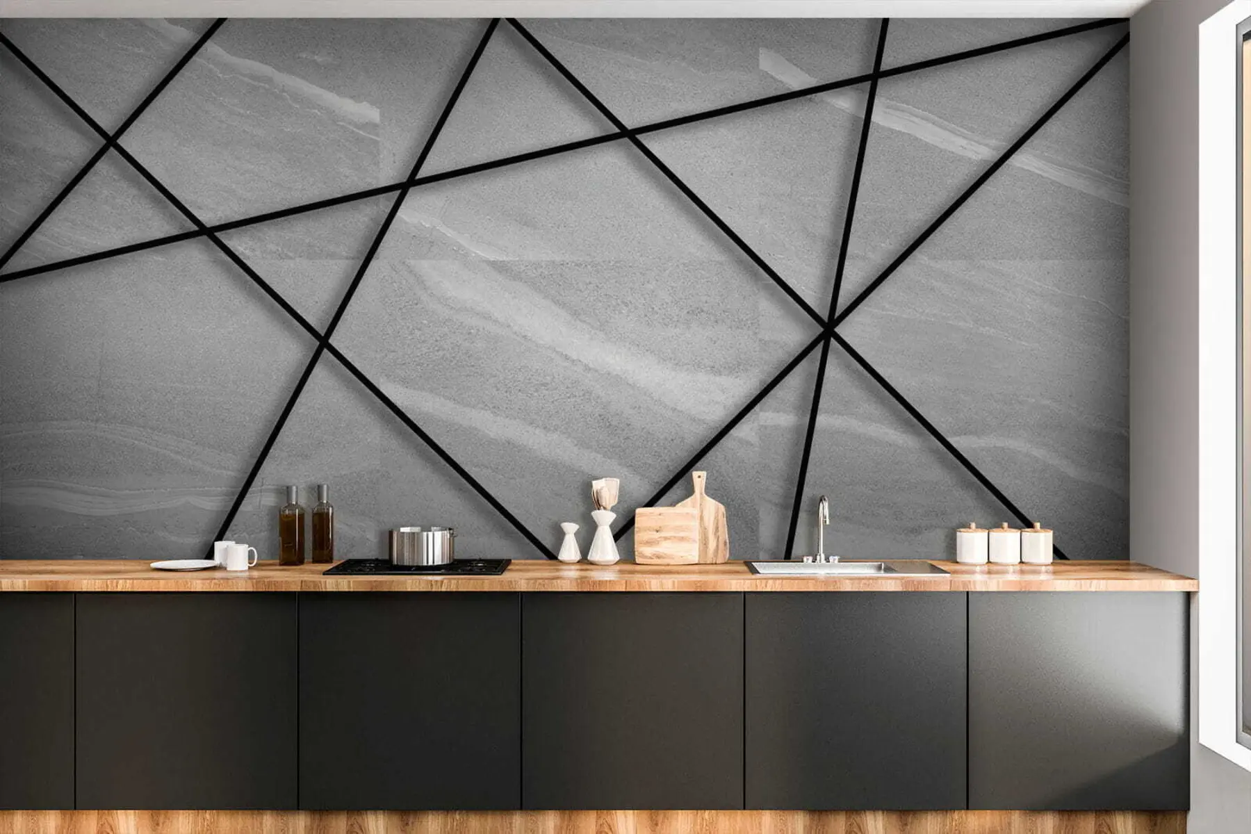 wall murals Grey marble and black lines u16341