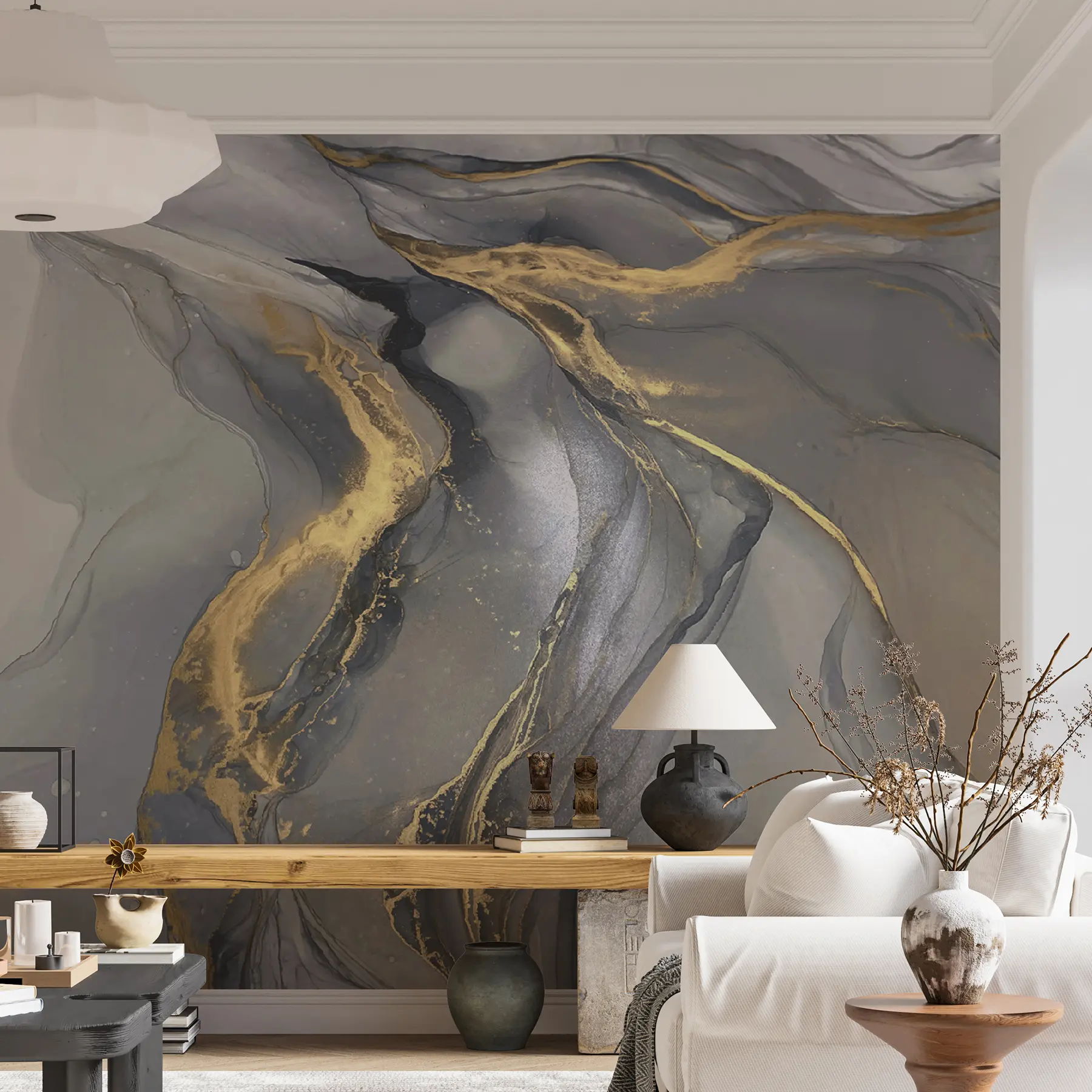 wall murals Gray-yellow marble, fluid art u18250