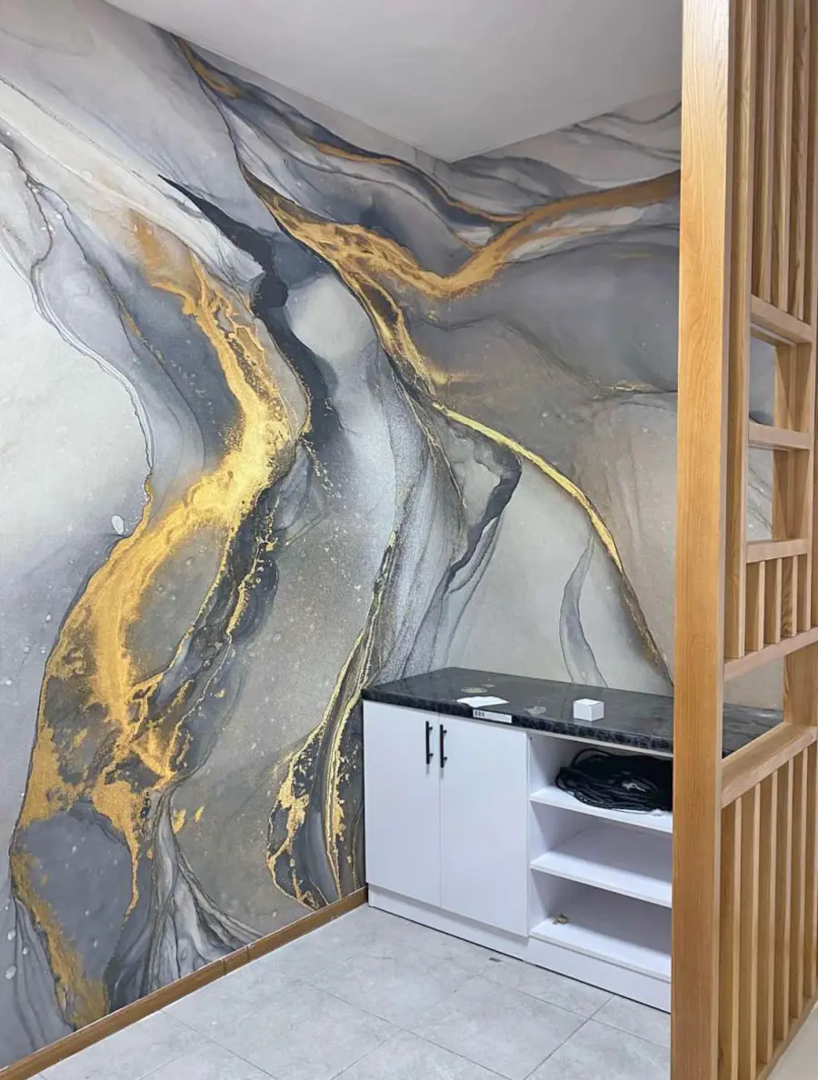 wall murals Gray-yellow marble, fluid art u18250