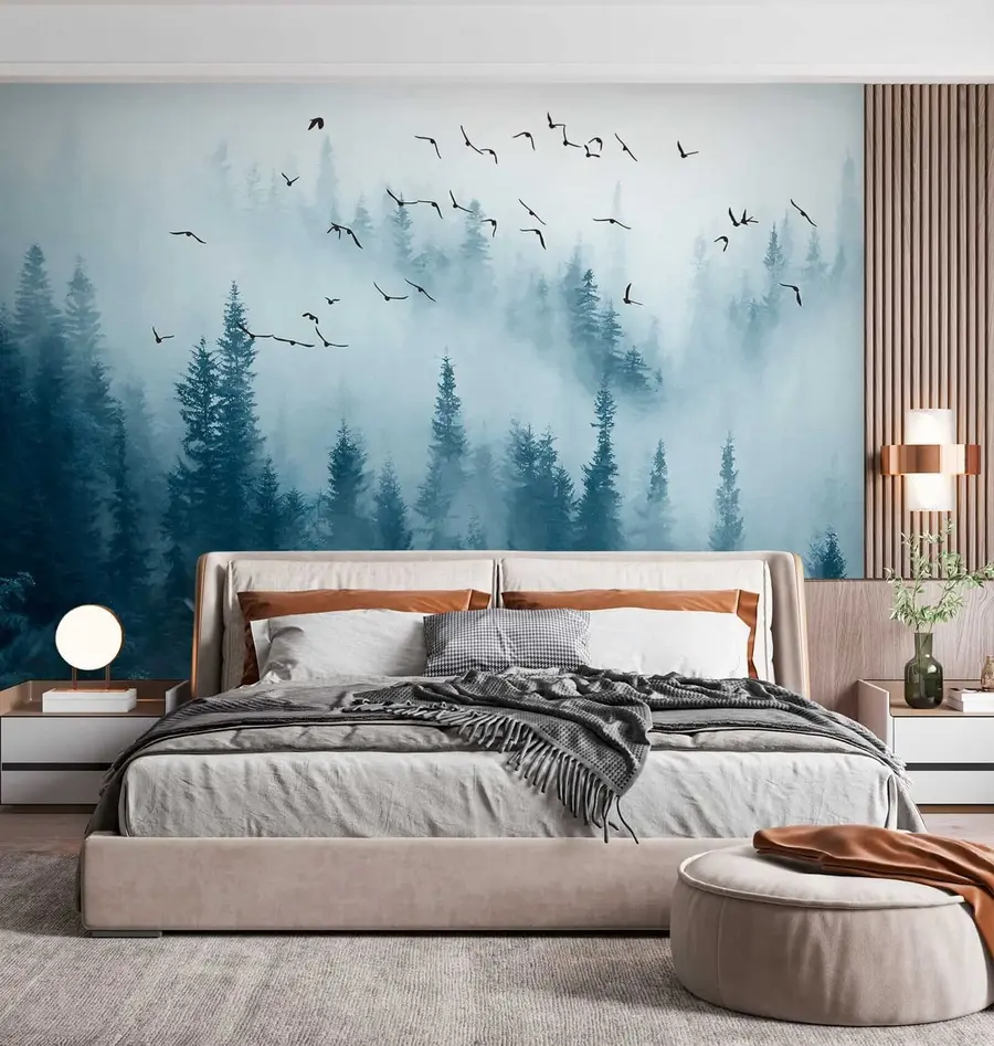wall murals Forest in fog and birds u22288