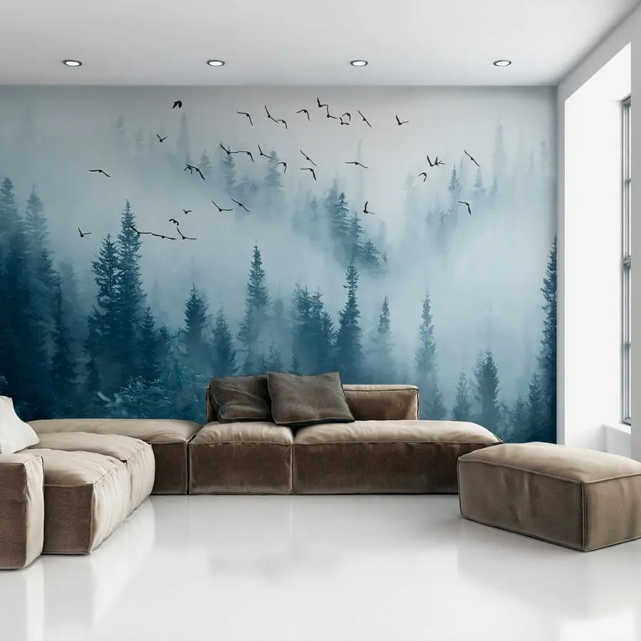 wall murals Forest in fog and birds u22288