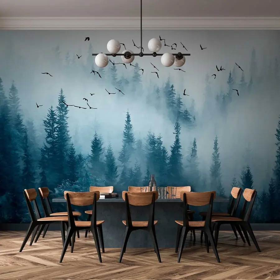 wall murals Forest in fog and birds u22288