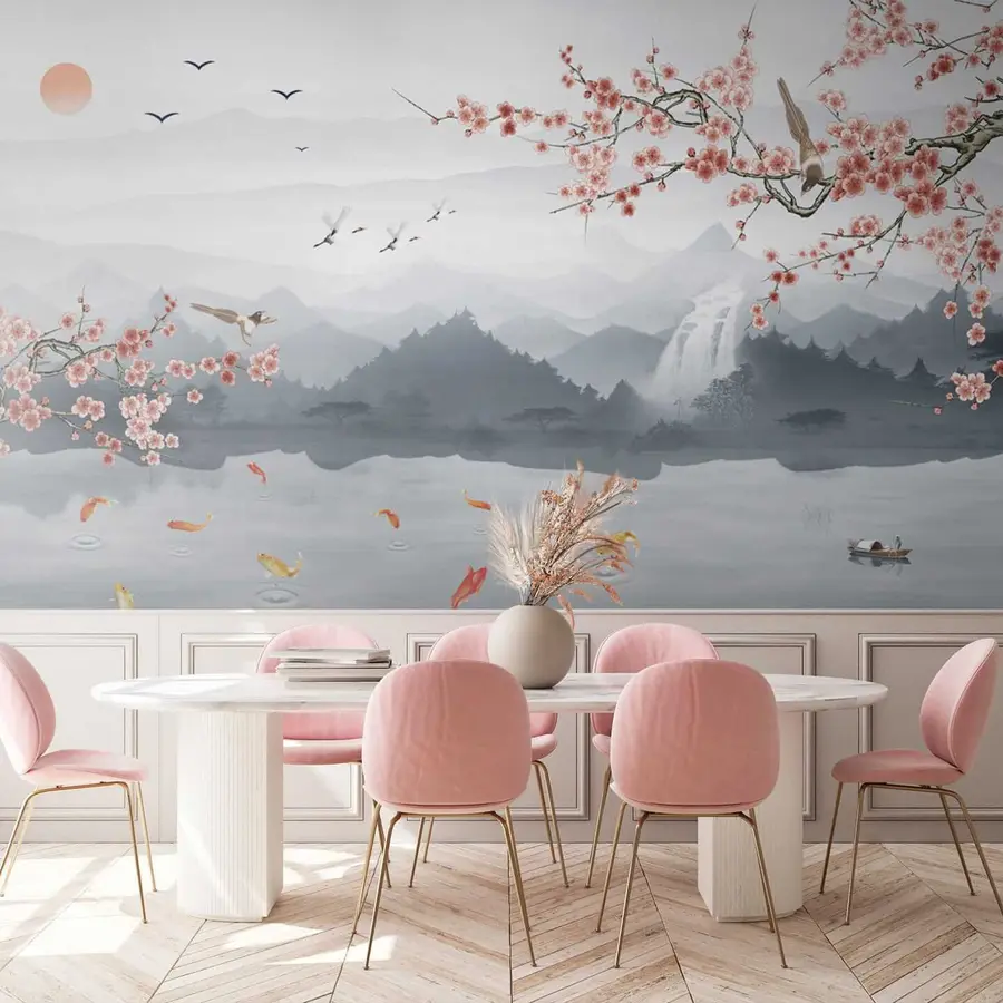 wall murals Sakura on the background of the lake and mountains u28840