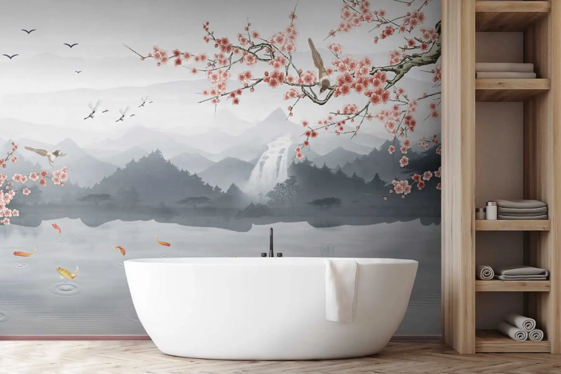 wall murals Sakura on the background of the lake and mountains u28840