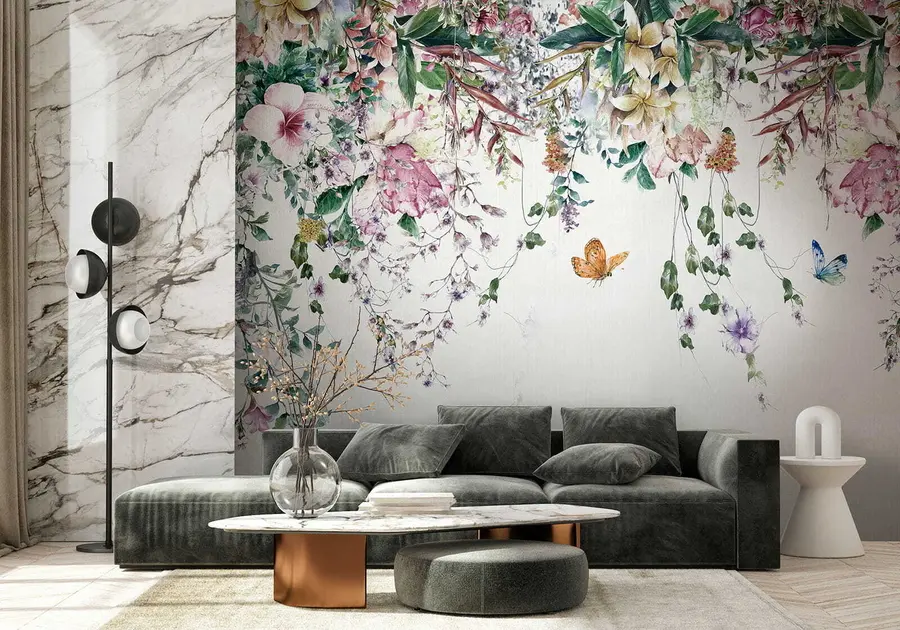 wall murals Exotic flowers and butterflies u30601