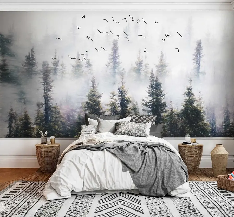 wall murals Fog forest and birds u32237