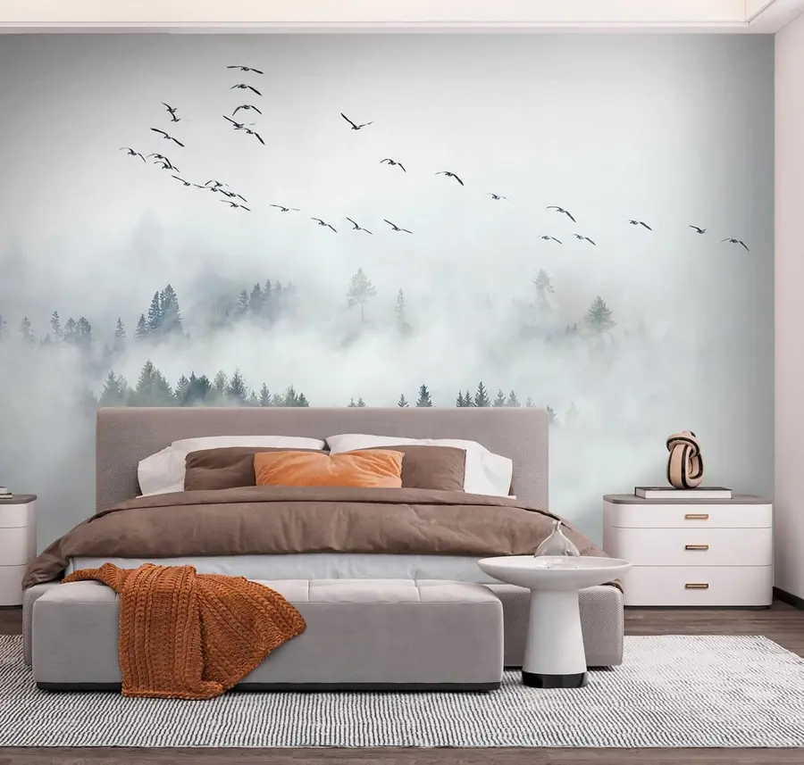 wall murals Fog forest and birds u32480