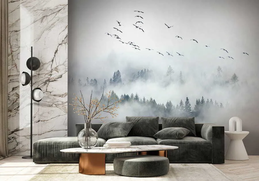 wall murals Fog forest and birds u32480
