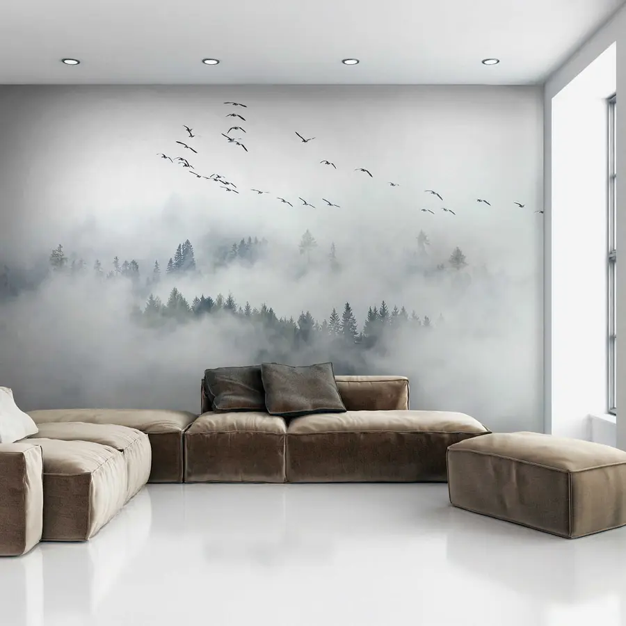 wall murals Fog forest and birds u32480