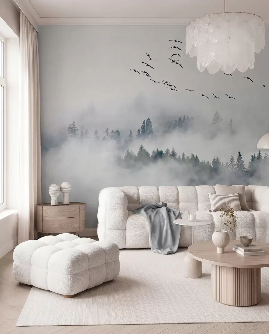 wall murals Fog forest and birds u32480