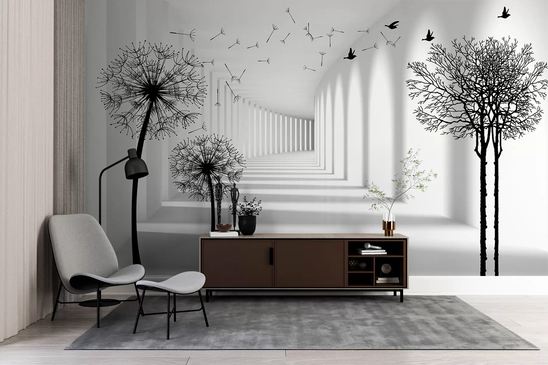 wall murals 3d tunnel and dandelions u37803