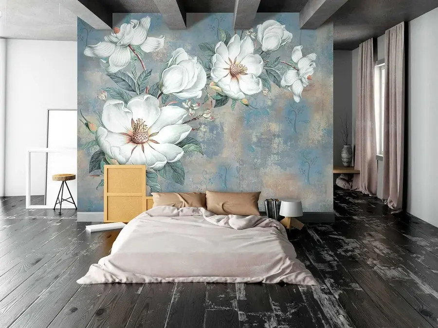 wall murals Magnolias on the grunge wall u38839