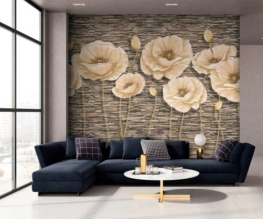 wall murals Flowers on the background of a stone wall u41855