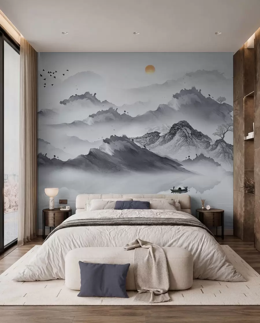 wall murals Mountains in Japanese style. Ink drawing u44010