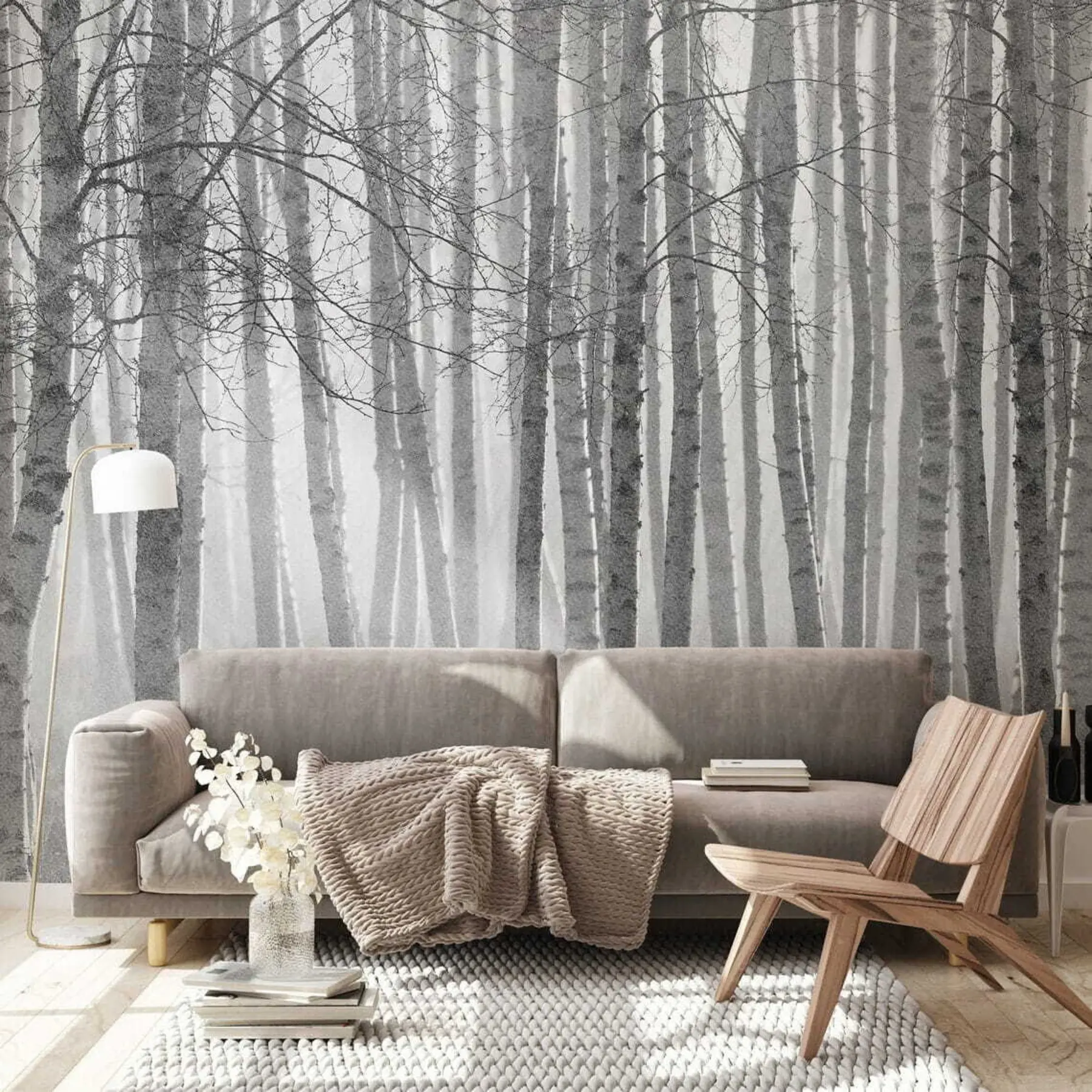 wall murals Morning mist in the birch forest u58971