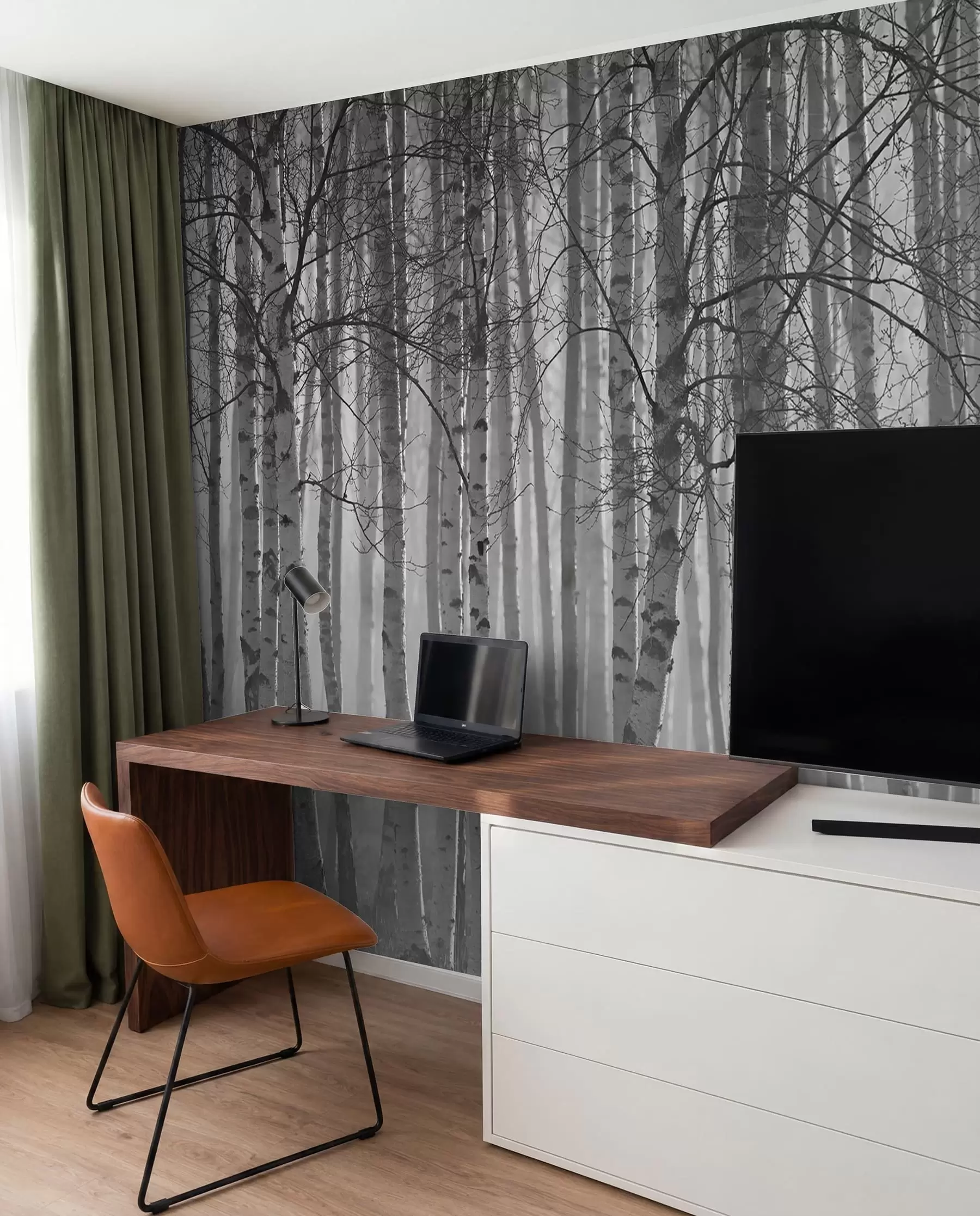 wall murals Morning mist in the birch forest u58971