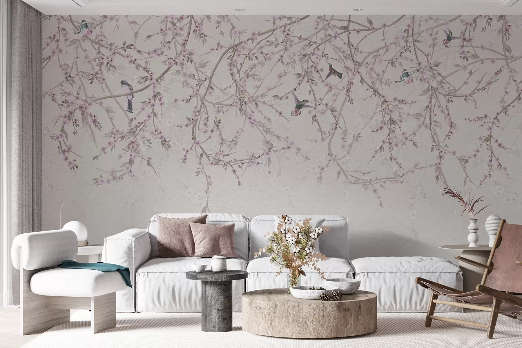wall murals Floral branches and birds in milky colors u58941v2