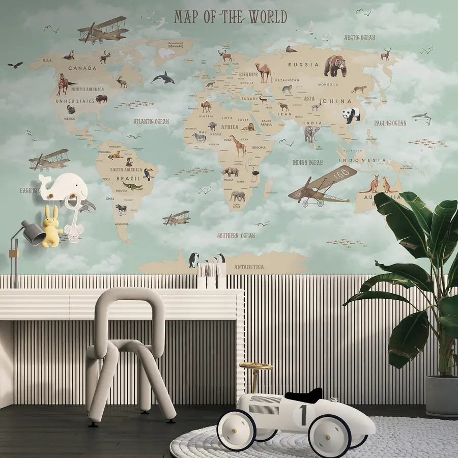 World Map Wallpaper Mural - Large Fabric Wall Mural For Nursery, Bedroom, Or Living Room