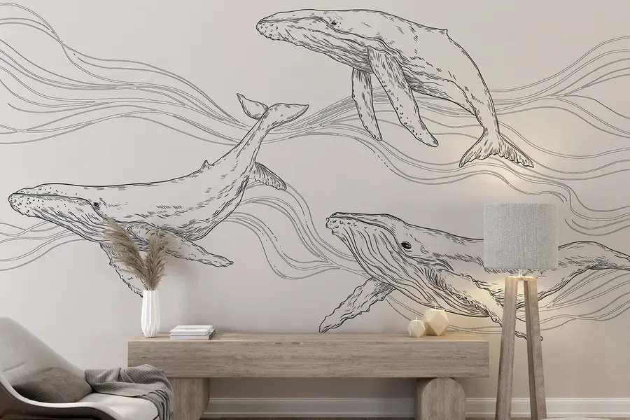 wall murals Whales in the Ocean, sea animals, line art, minimalism, black and white colors u99733v4