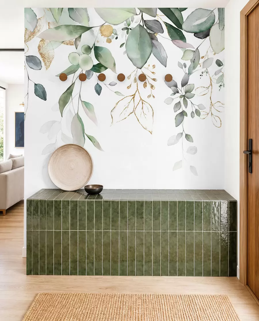 wall murals Hanging eucalyptus leaf on a white background u95506d2