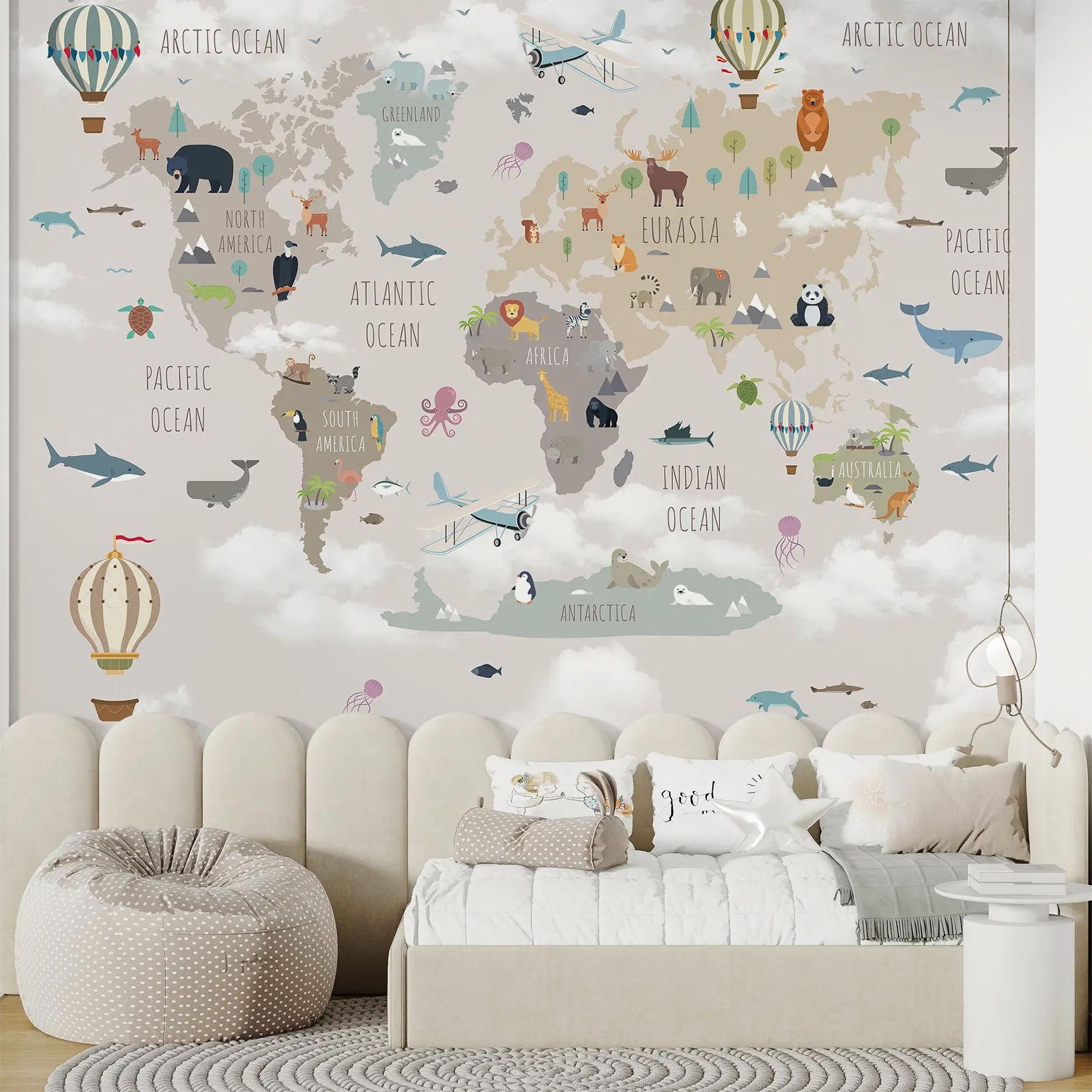 wall murals World map with animals and balloons u96461d1