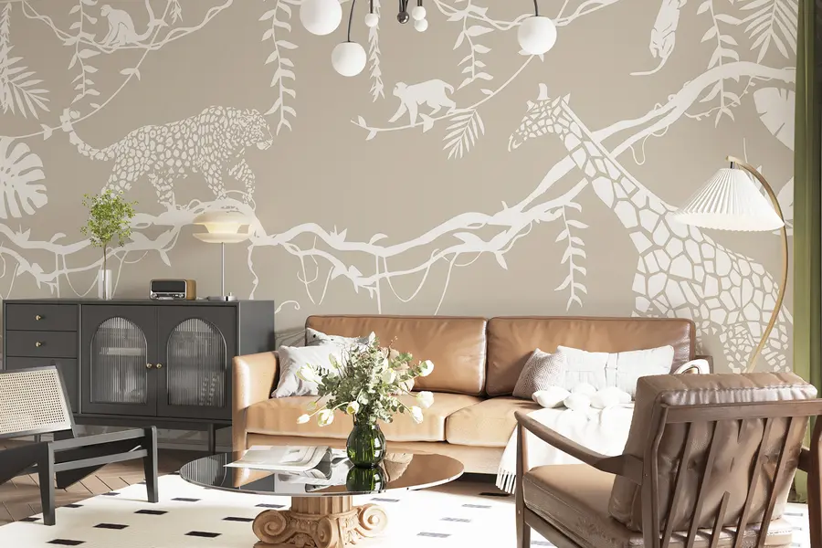 wall murals Abstract jungle art, lianas, leopard, giraffe, monkeys, palm trees, monstera, beige and white w00087