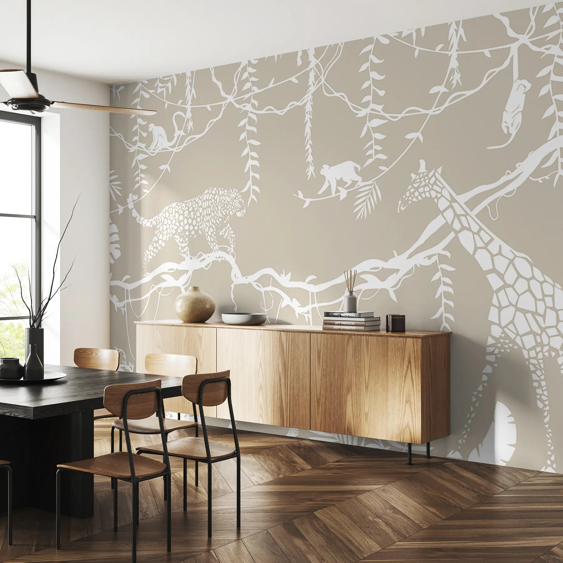 wall murals Abstract jungle art, lianas, leopard, giraffe, monkeys, palm trees, monstera, beige and white w00087