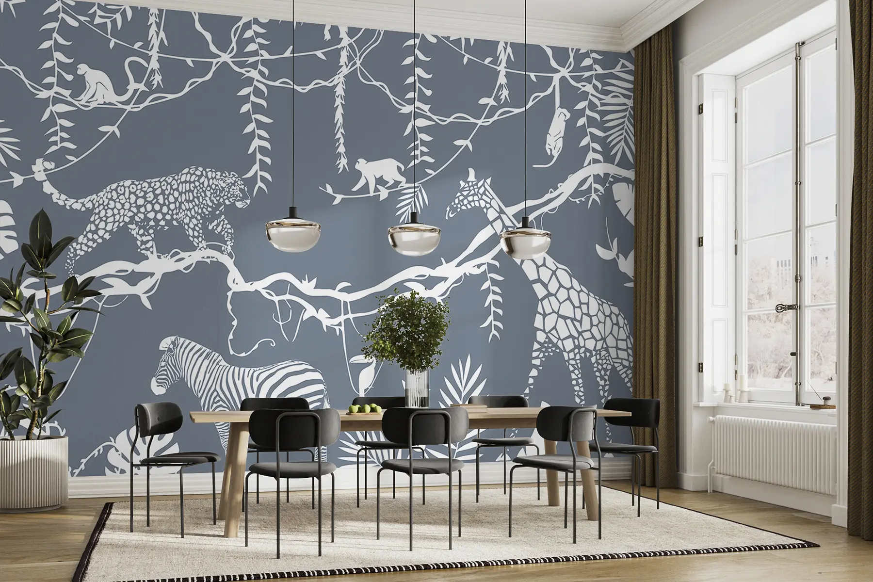 wall murals Abstract jungle art, lianas, leopard, giraffe, monkeys, palm trees, monstera, blue and white w00087v2