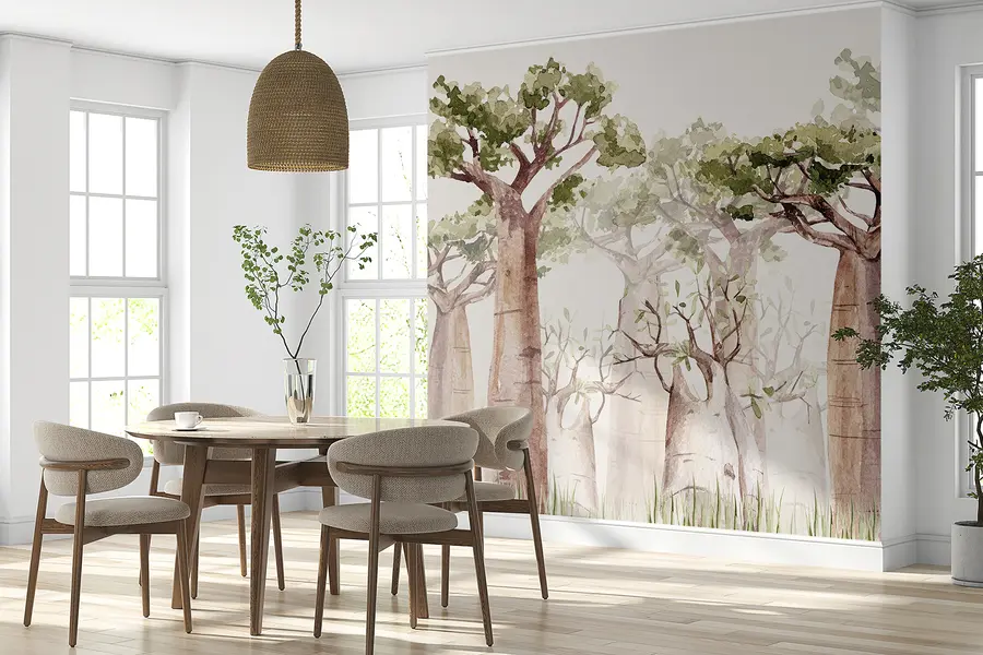 wall murals Baobab tree, safari theme, forest, beige and green colours w00082