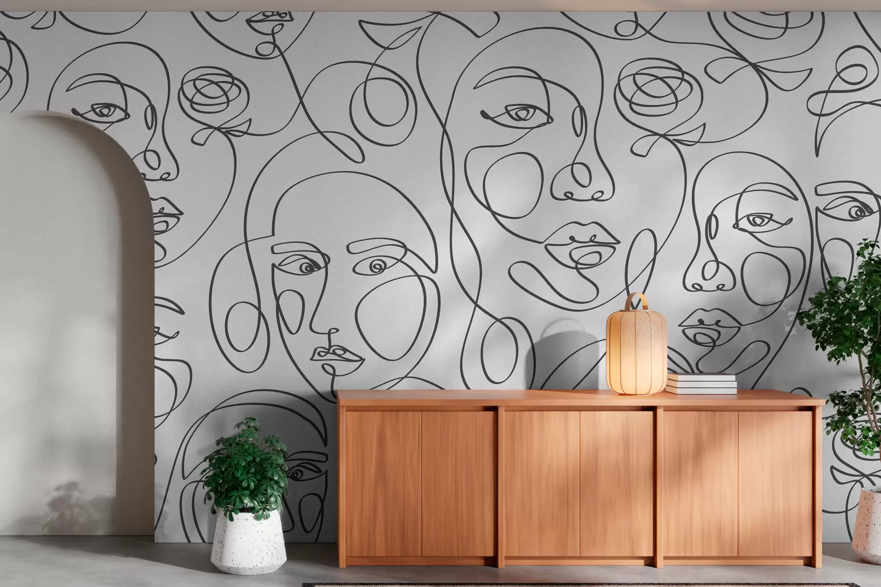 wall murals Silhouettes of people's faces graphic lines in boho style are a new trend w00130