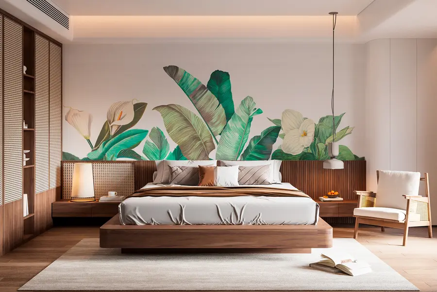 wall murals Trendy tropical foliage with flowers in colour w00186v1