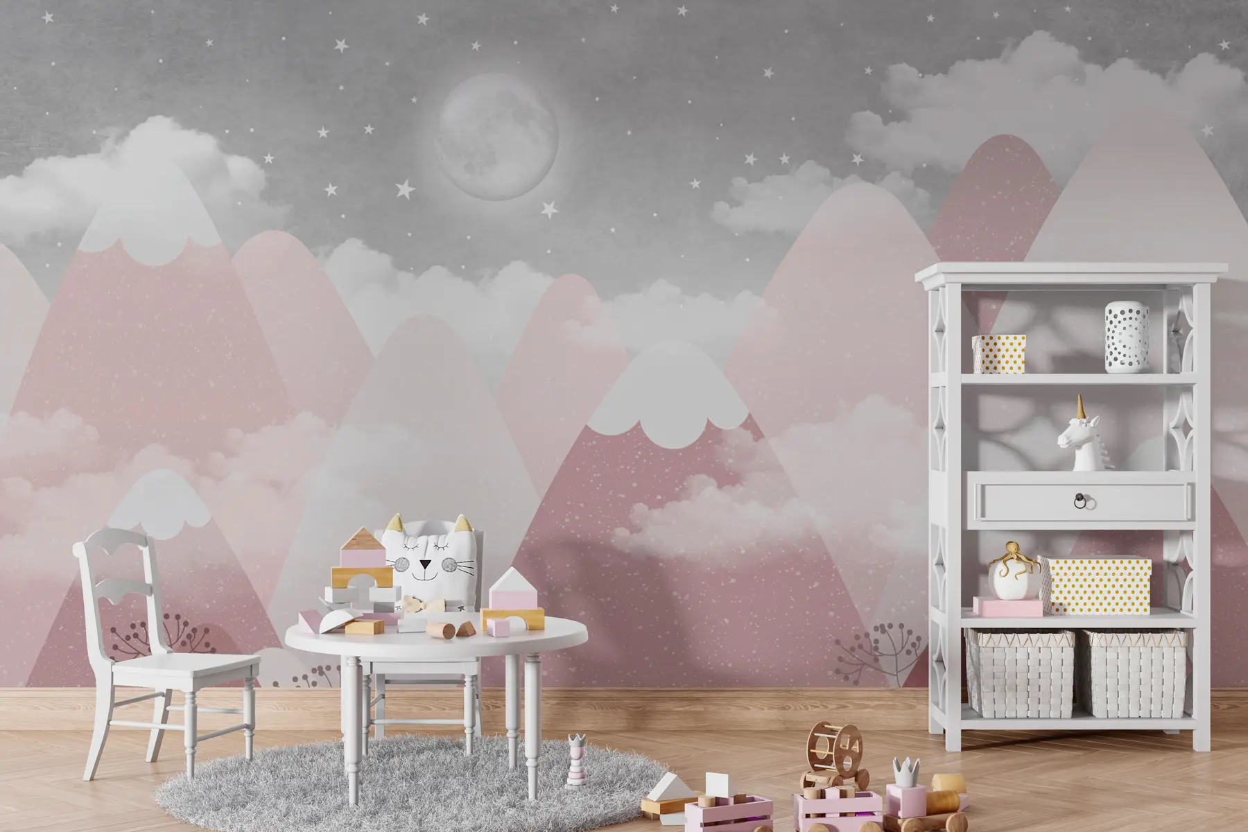 wall murals Moon over snowy mountains children's illustration w00374