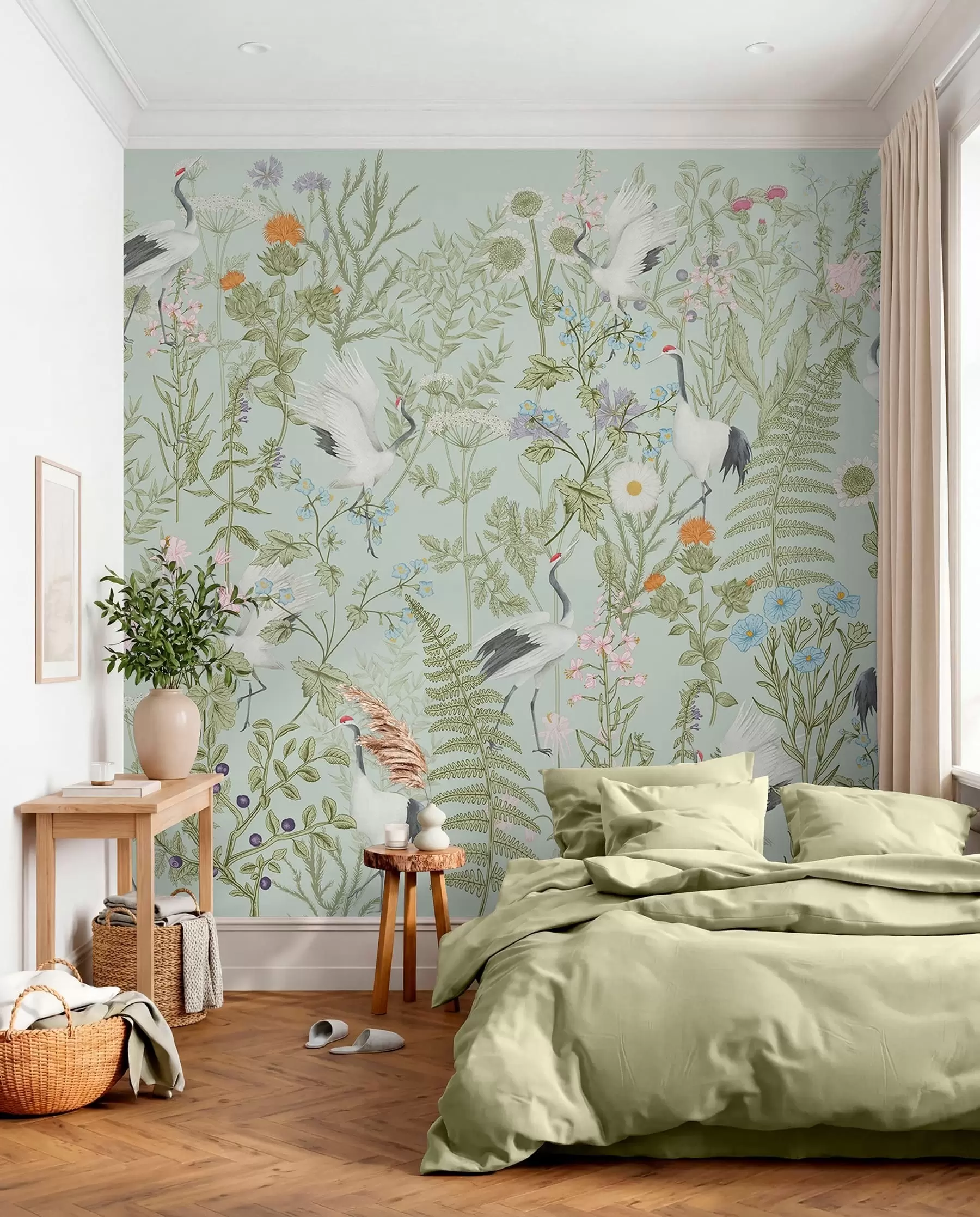 wall murals Flowers ornament with birds, rustic style, botanical, meadow, blue background w00380v4