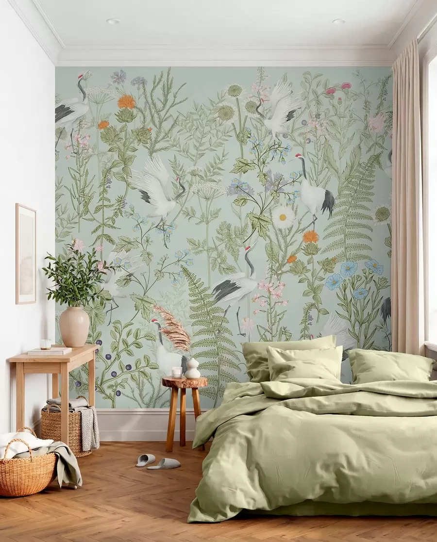 wall murals Flowers ornament with birds, rustic style, botanical, meadow, blue background w00380v4