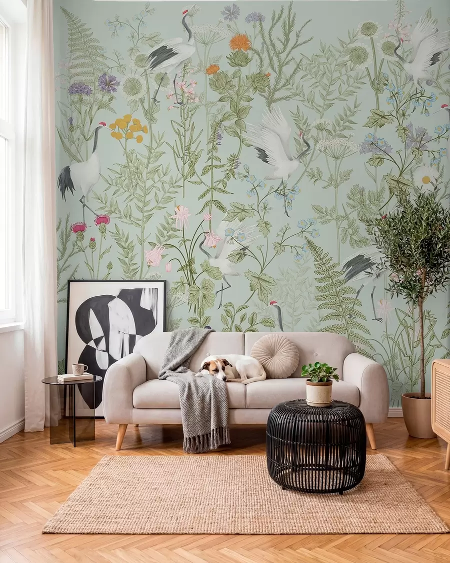 wall murals Flowers ornament with birds, rustic style, botanical, meadow, blue background w00380v4