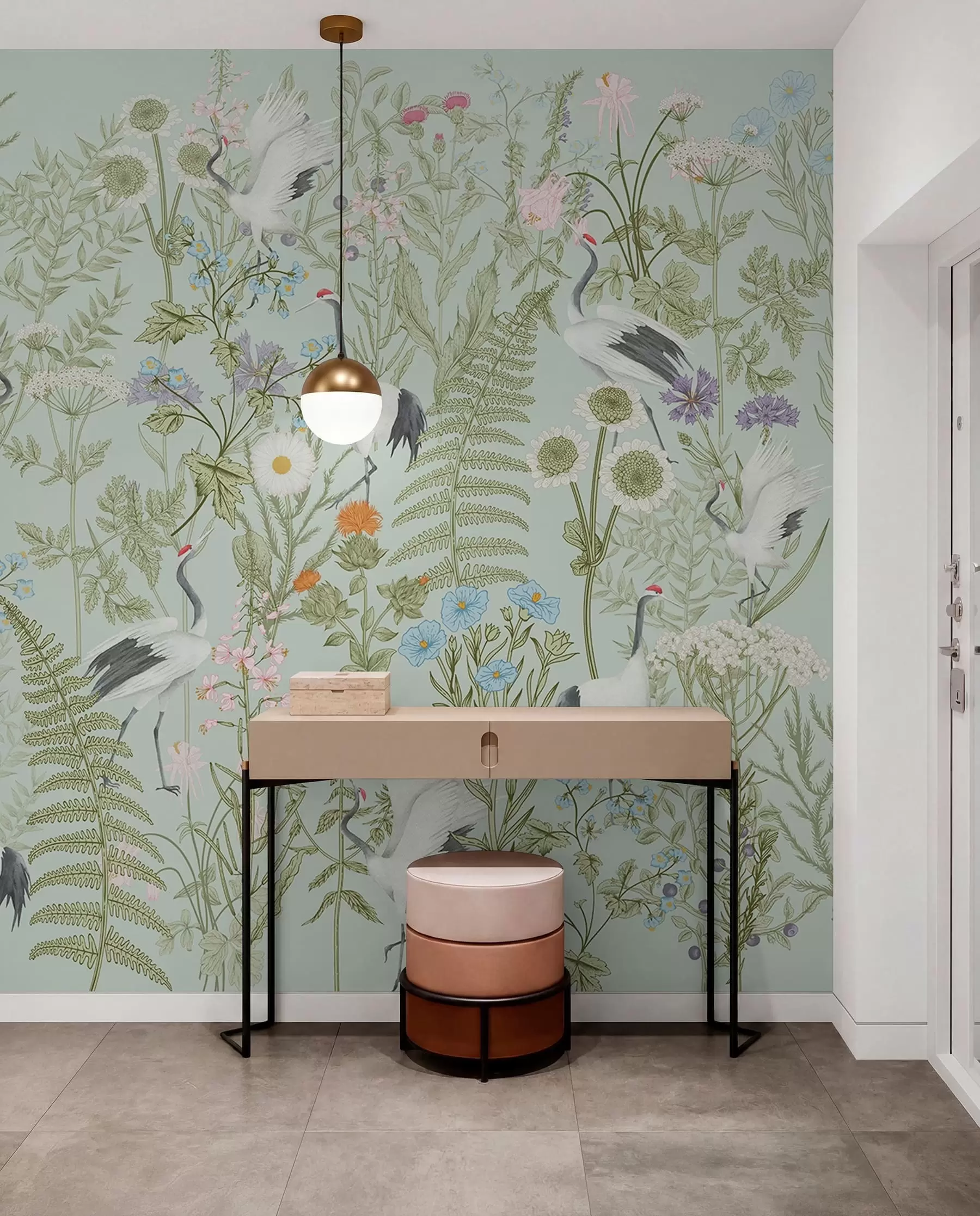wall murals Flowers ornament with birds, rustic style, botanical, meadow, blue background w00380v4
