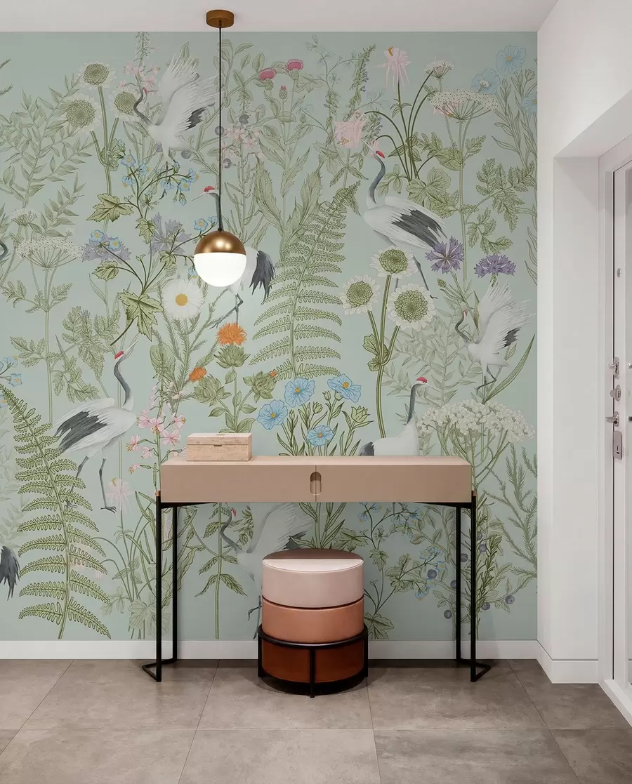 wall murals Flowers ornament with birds, rustic style, botanical, meadow, blue background w00380v4