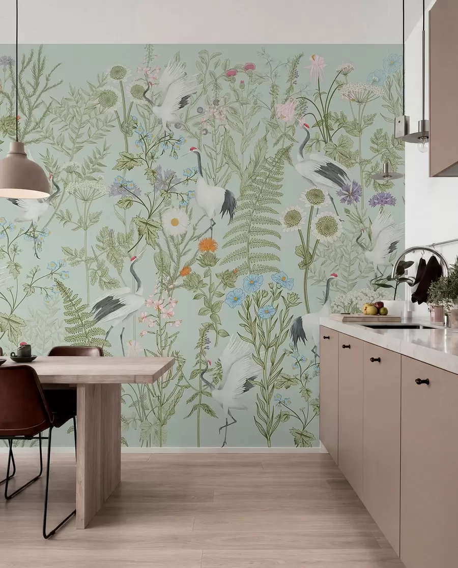 wall murals Flowers ornament with birds, rustic style, botanical, meadow, blue background w00380v4