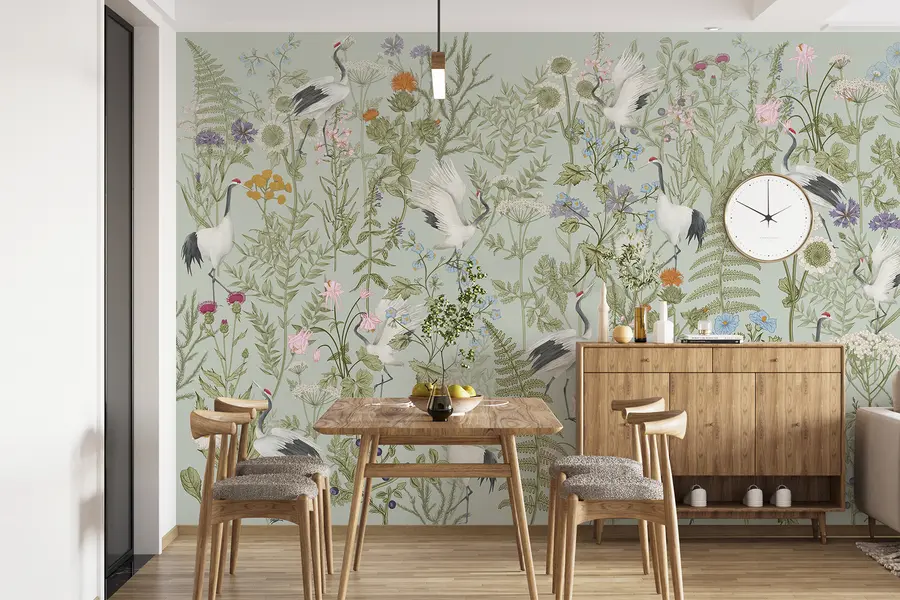 wall murals Flowers ornament with birds, rustic style, botanical, meadow, blue background w00380v4