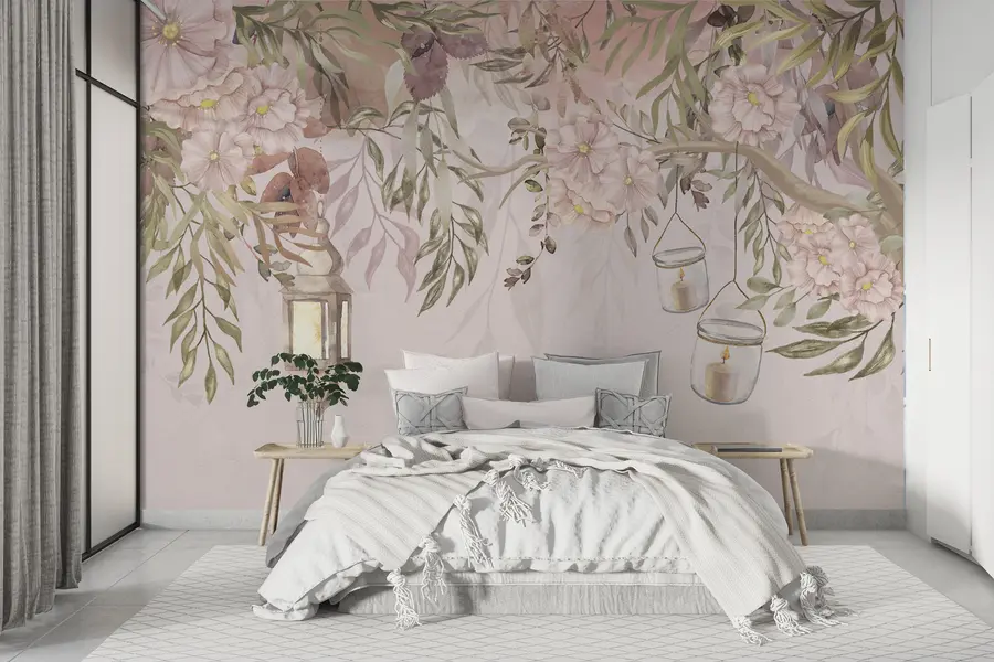 wall murals Delicate flowers and green branches hanging downwards w00384