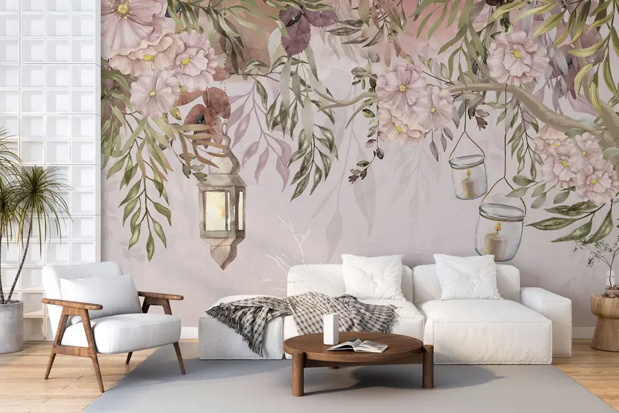 wall murals Delicate flowers and green branches hanging downwards w00384