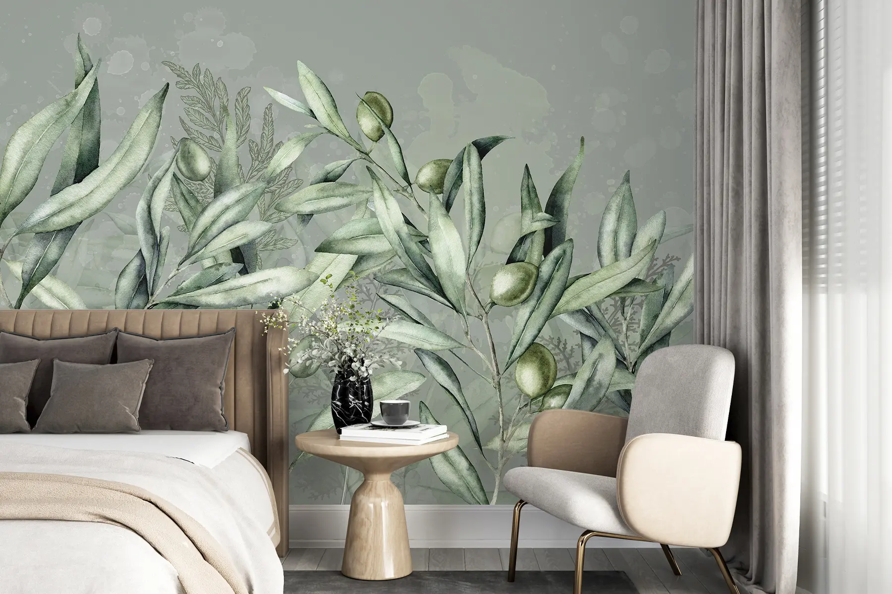 wall murals Olives illustration, floral design, tropical, watercolor, big leaves, green colors w00407